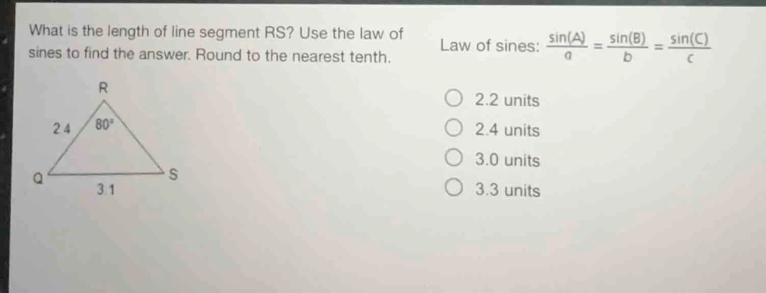 what is the length of line segment rs? use the law of sines to find the…