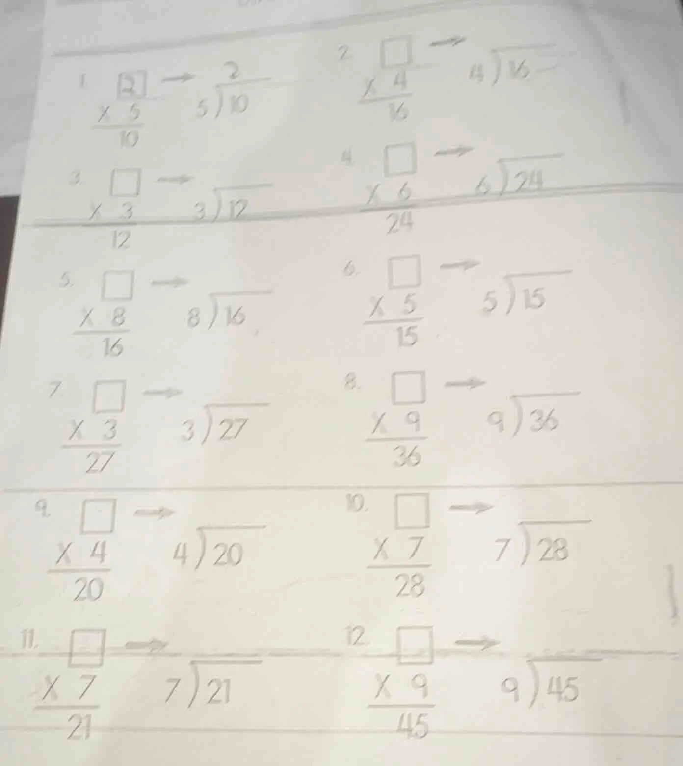 1. $\begin{array}{r} square \\ × 5\\ hline 10 end{array}$ $\boldsymbol{…