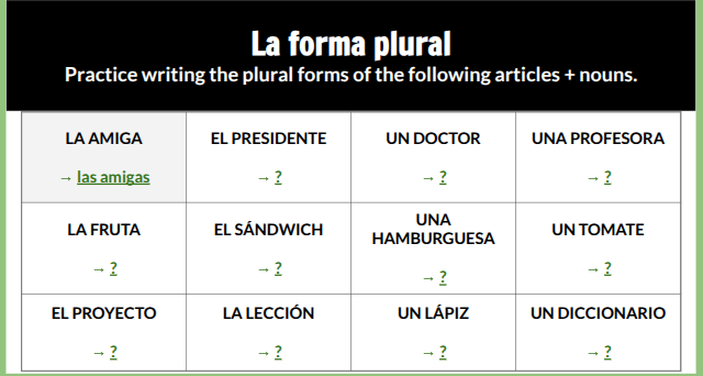 la forma plural practice writing the plural forms of the following arti…