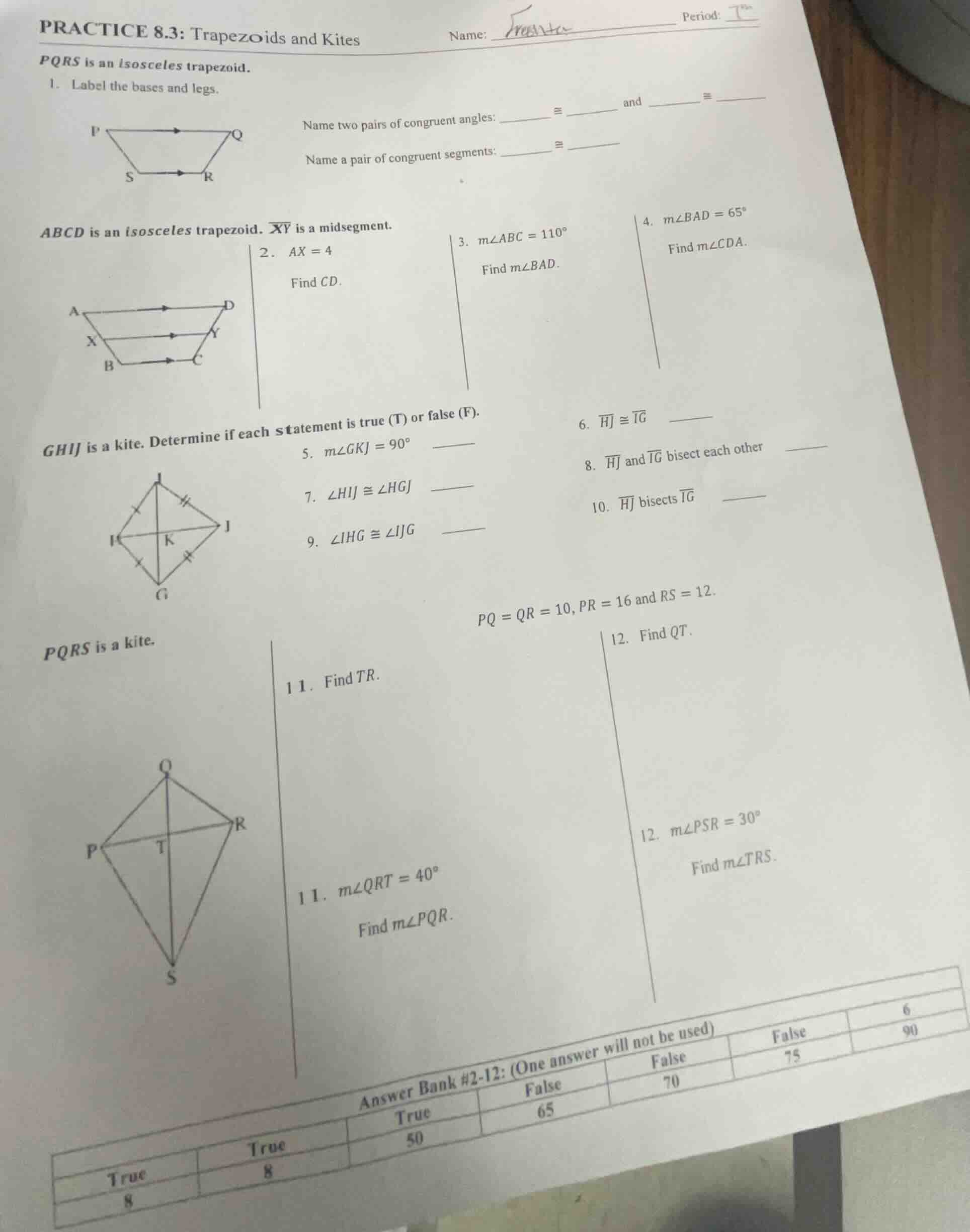 practice 8.3: trapezoids and kites name: _______________ period: ____ p…