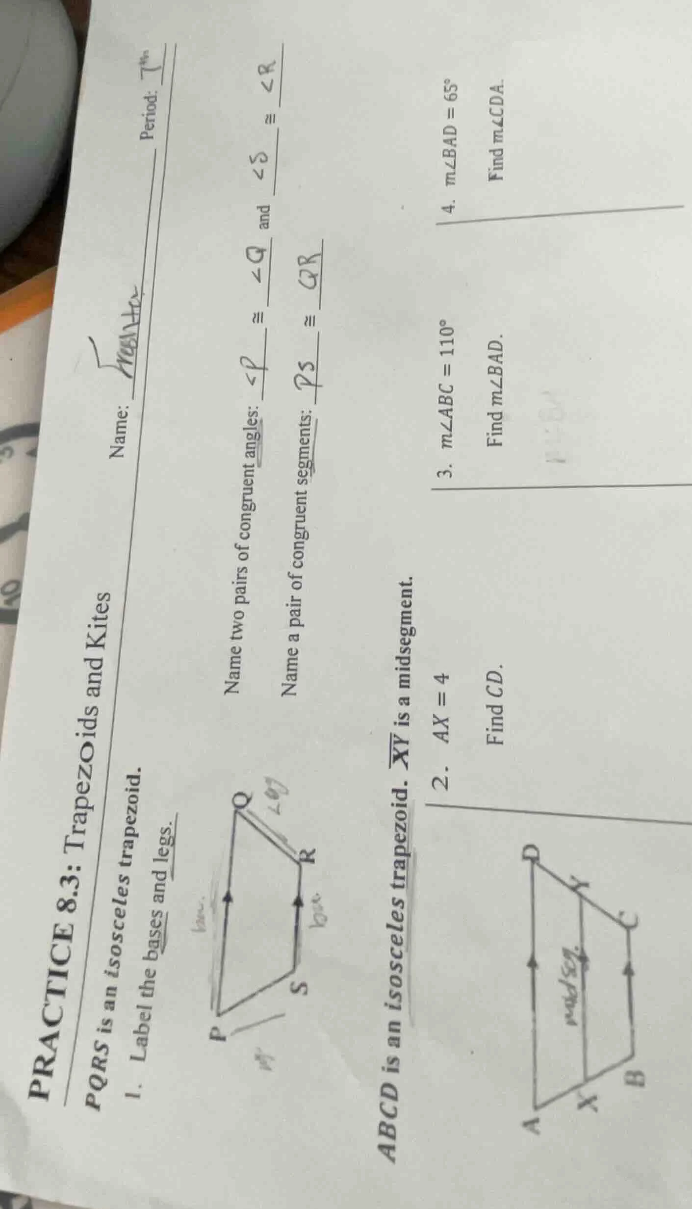 practice 8.3: trapezoids and kites name: ____________ period: ____ pqrs…