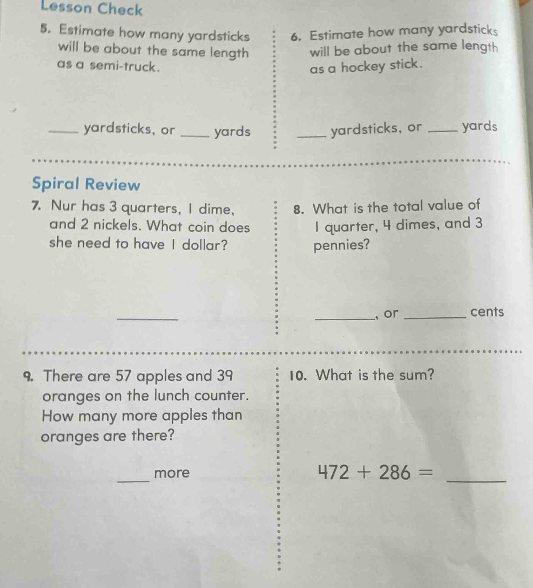 lesson check 5. estimate how many yardsticks will be about the same len…