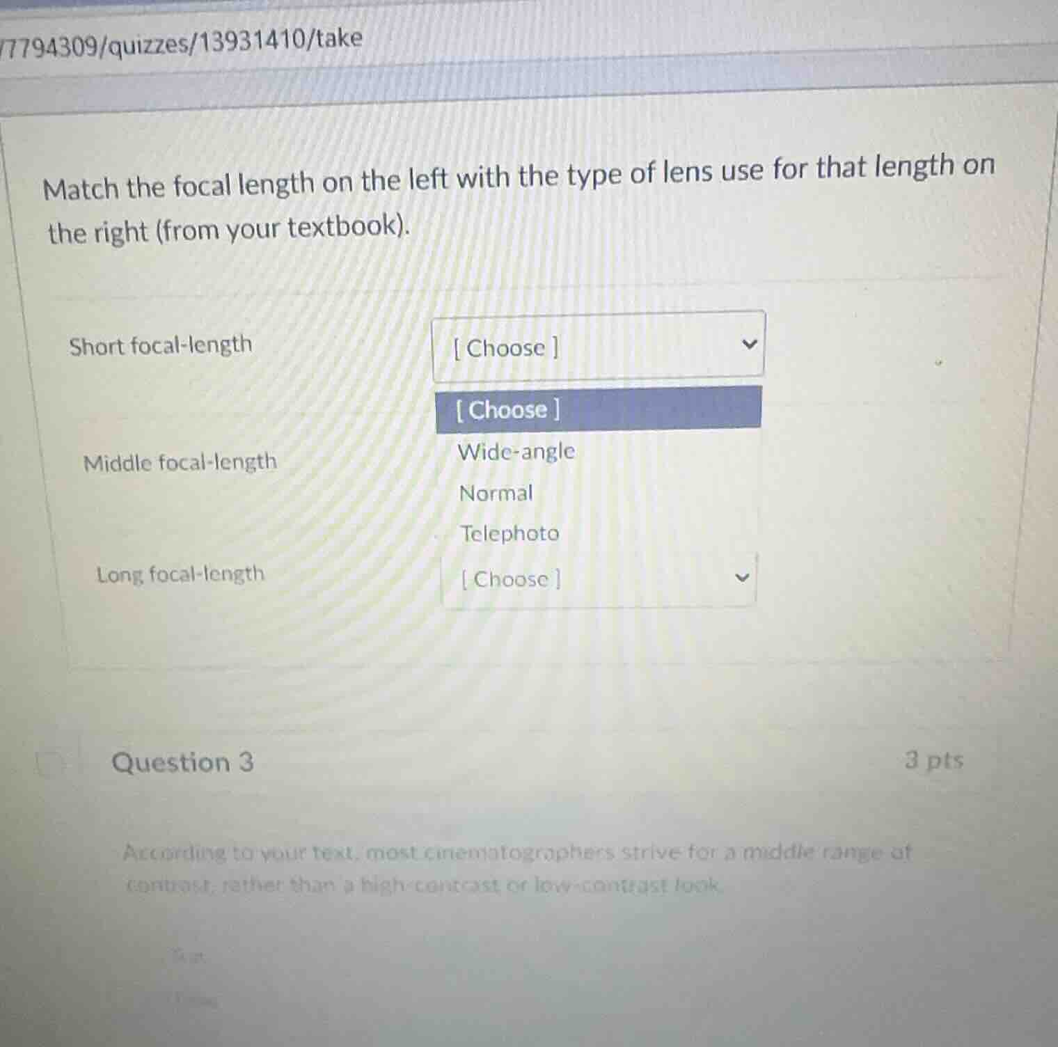 match the focal length on the left with the type of lens use for that l…