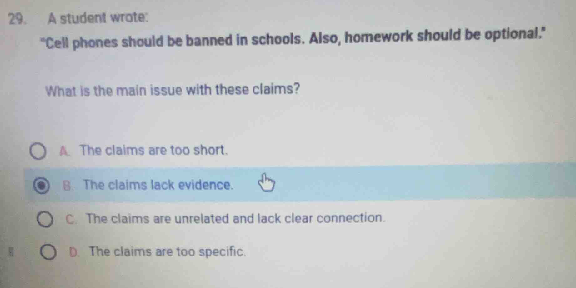 29. a student wrote: \cell phones should be banned in schools. also, ho…