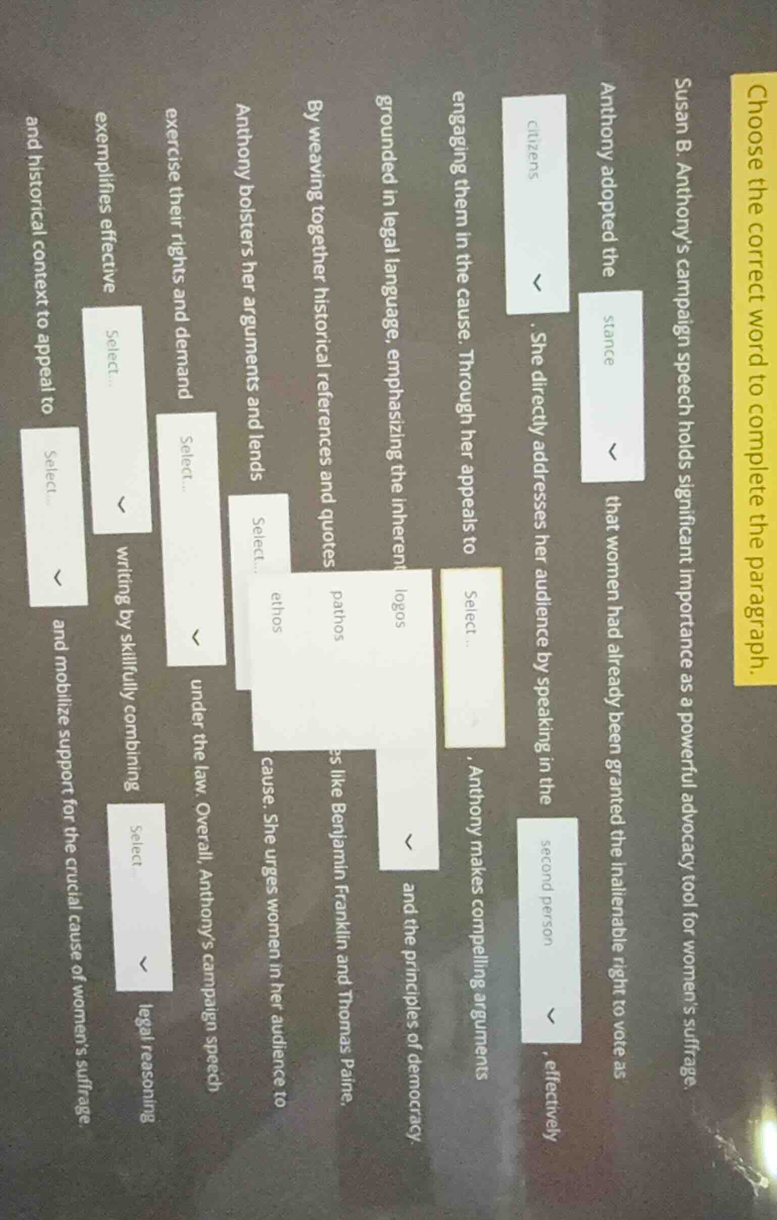 choose the correct word to complete the paragraph. susan b. anthonys ca…