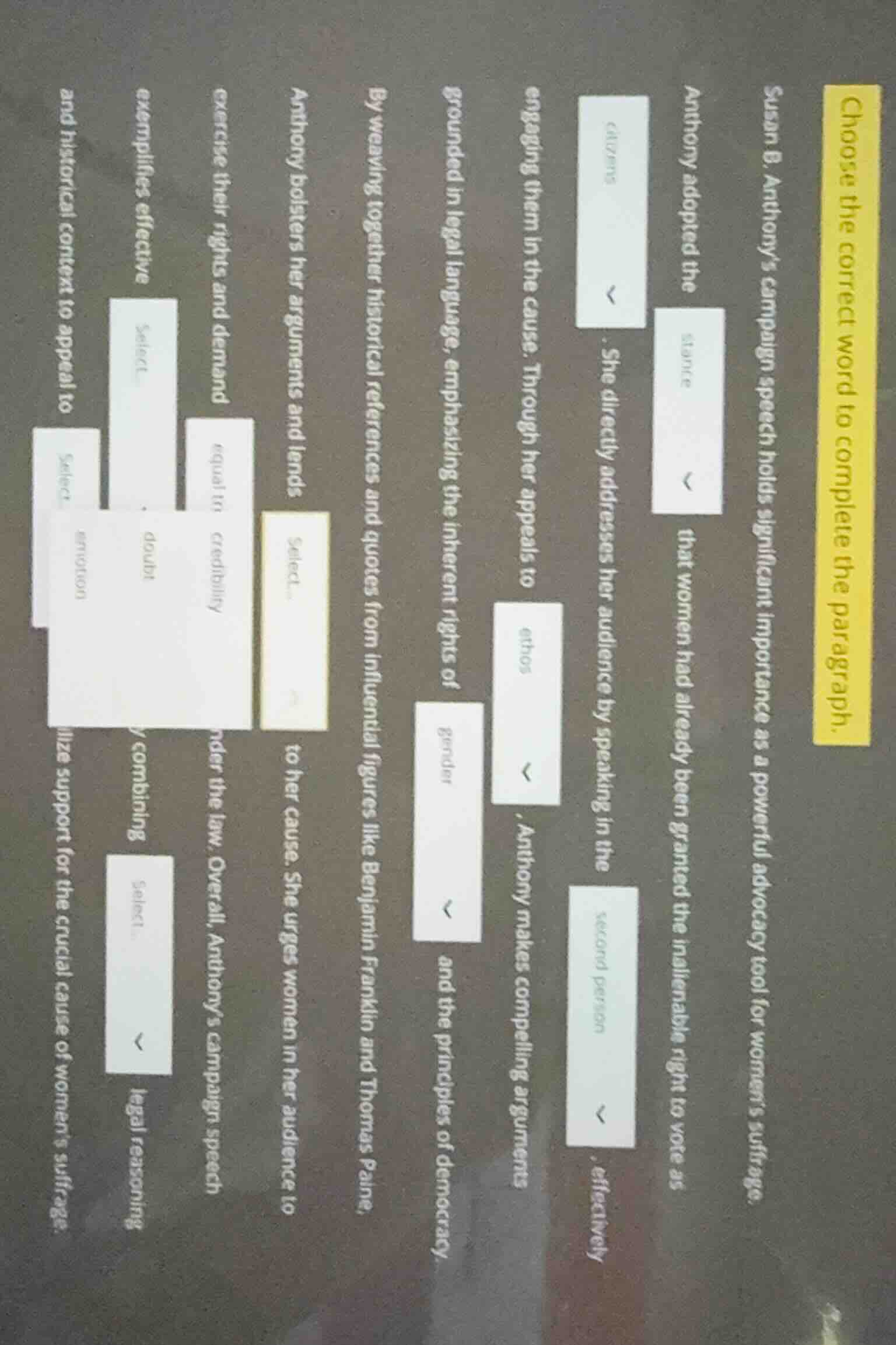 choose the correct word to complete the paragraph. susan b. anthonys ca…