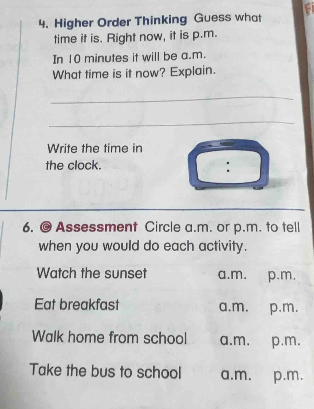 4. higher order thinking guess what time it is. right now, it is p.m. i…