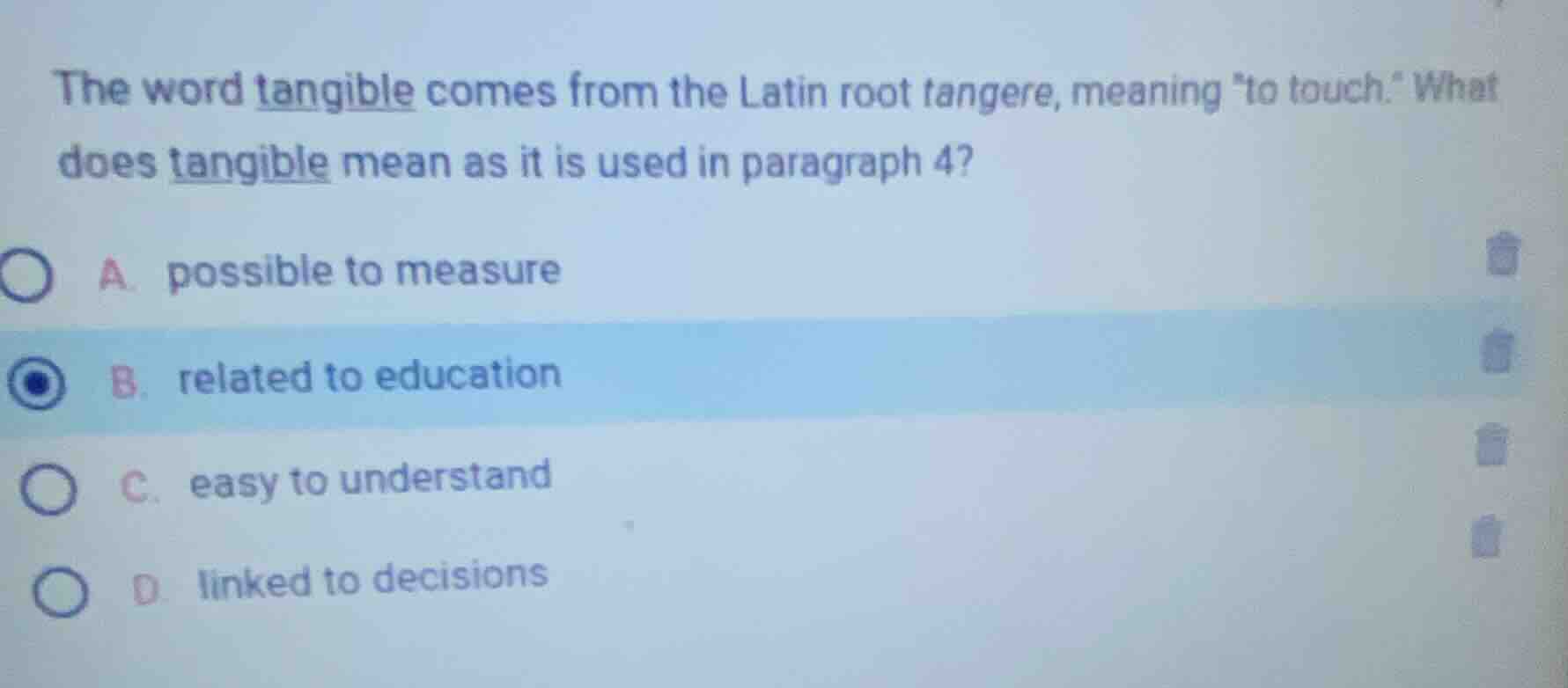 the word tangible comes from the latin root tangere, meaning \to touch.…