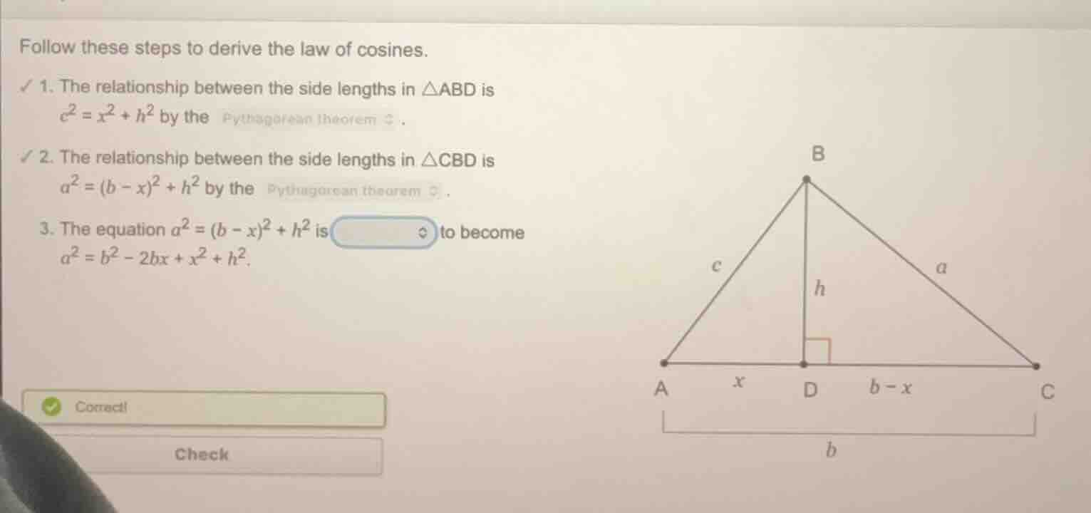 follow these steps to derive the law of cosines. 1. the relationship be…