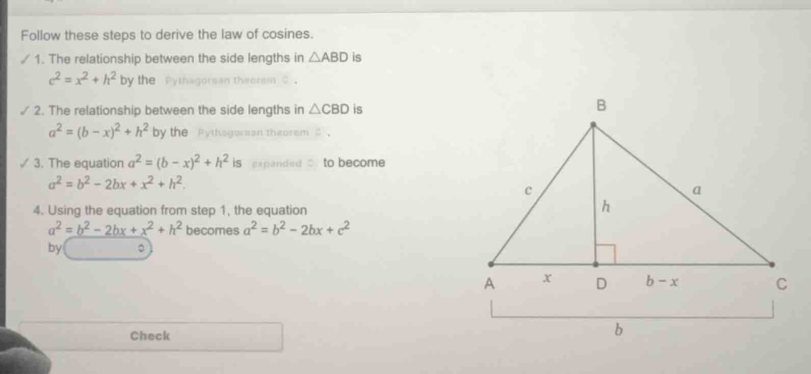 follow these steps to derive the law of cosines. ✓ 1. the relationship …