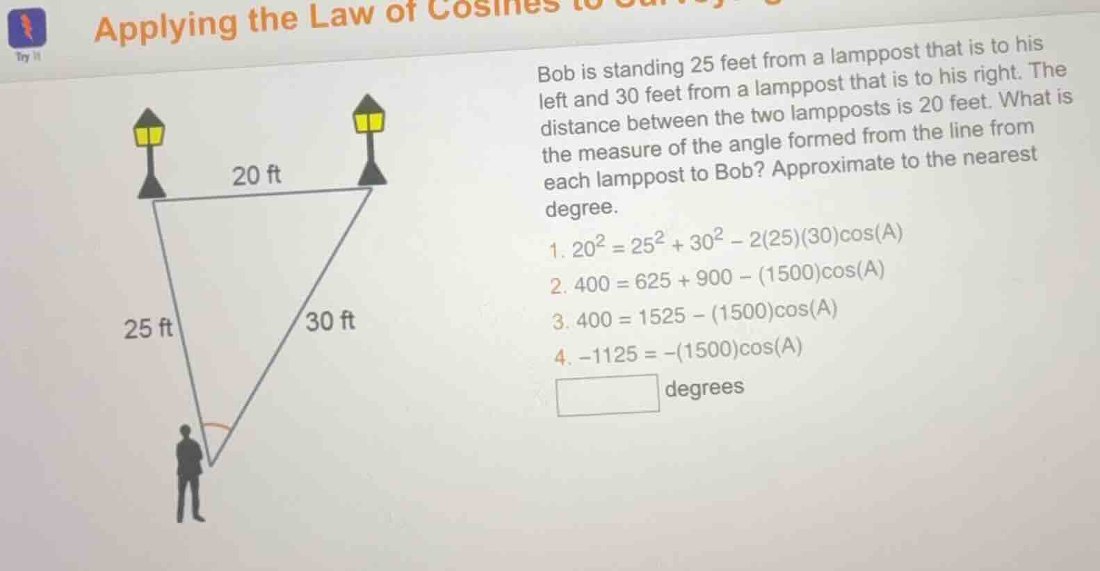 applying the law of cosinesbob is standing 25 feet from a lamppost that…