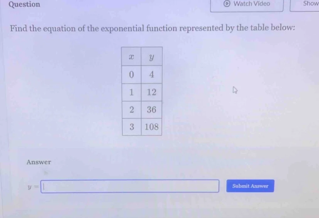 question find the equation of the exponential function represented by t…