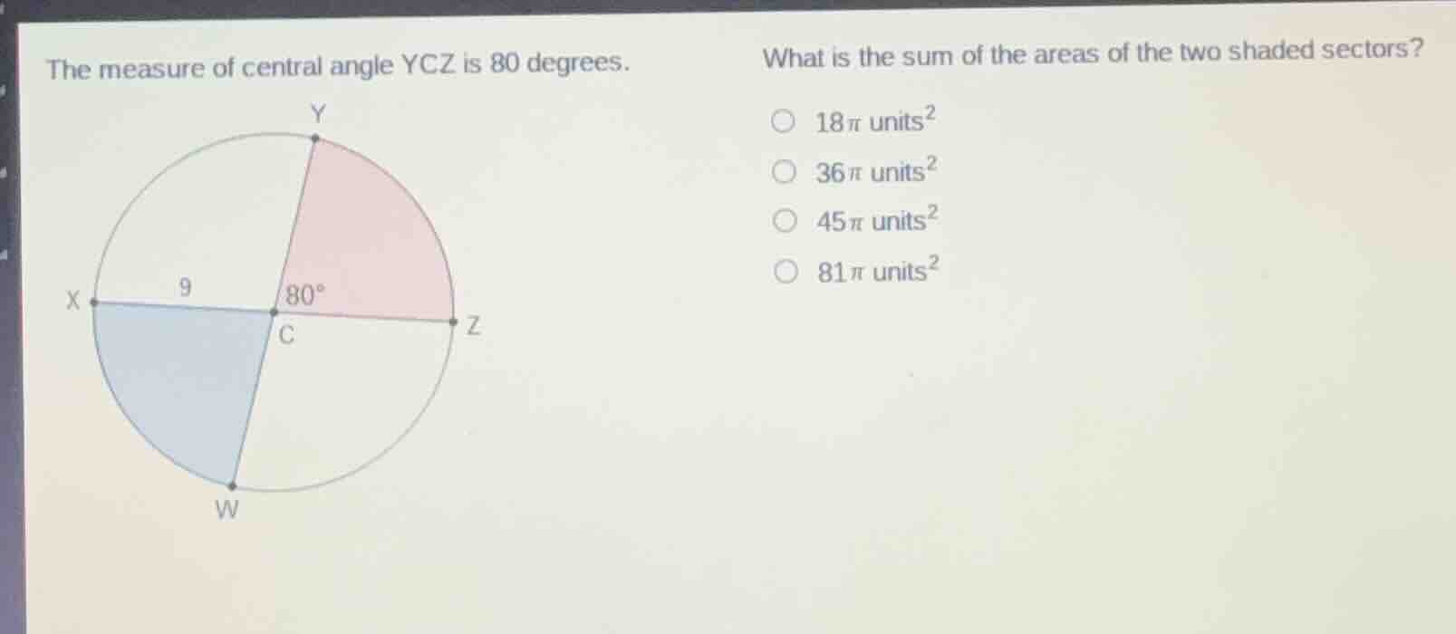 the measure of central angle ycz is 80 degrees. what is the sum of the …