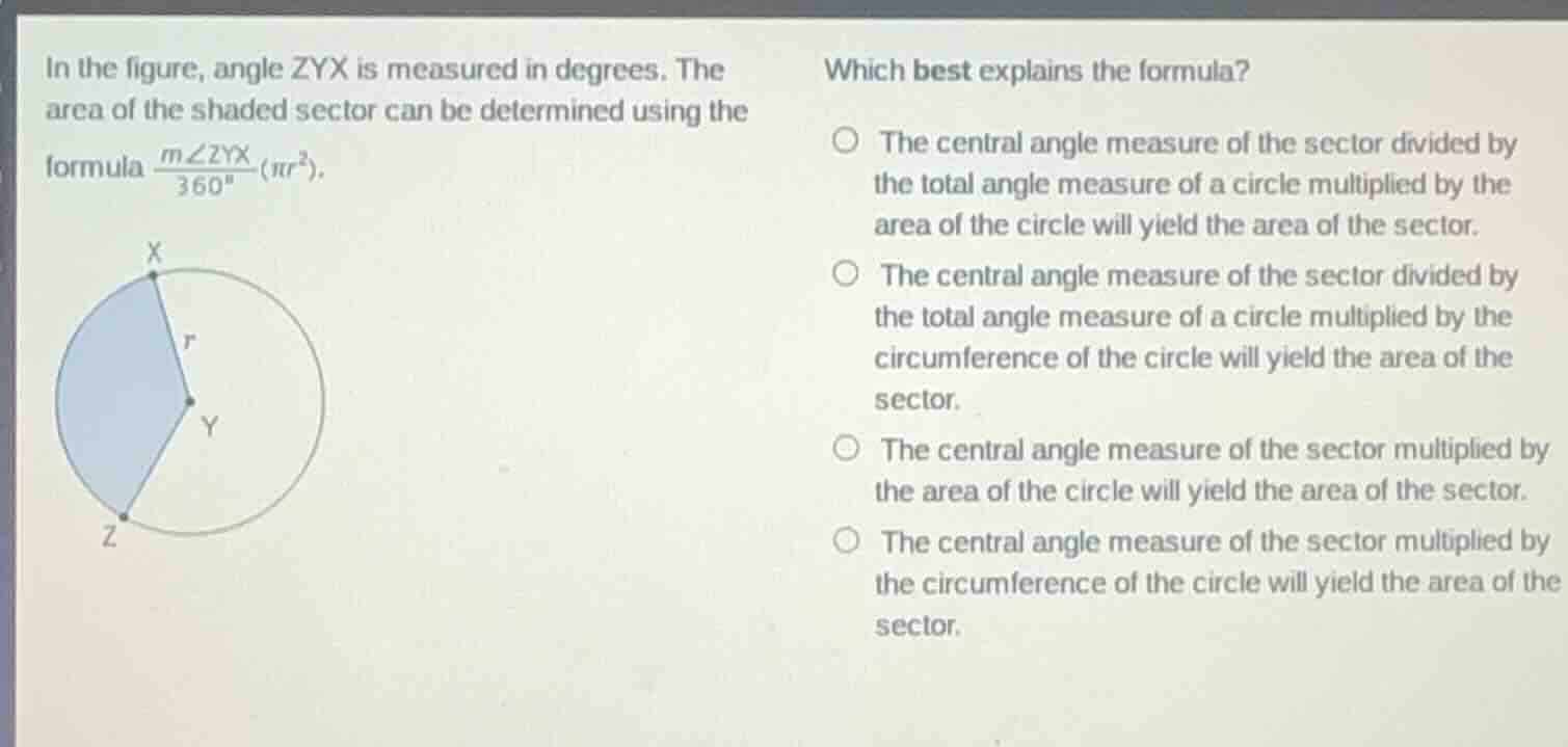 in the figure, angle zyx is measured in degrees. the area of the shaded…