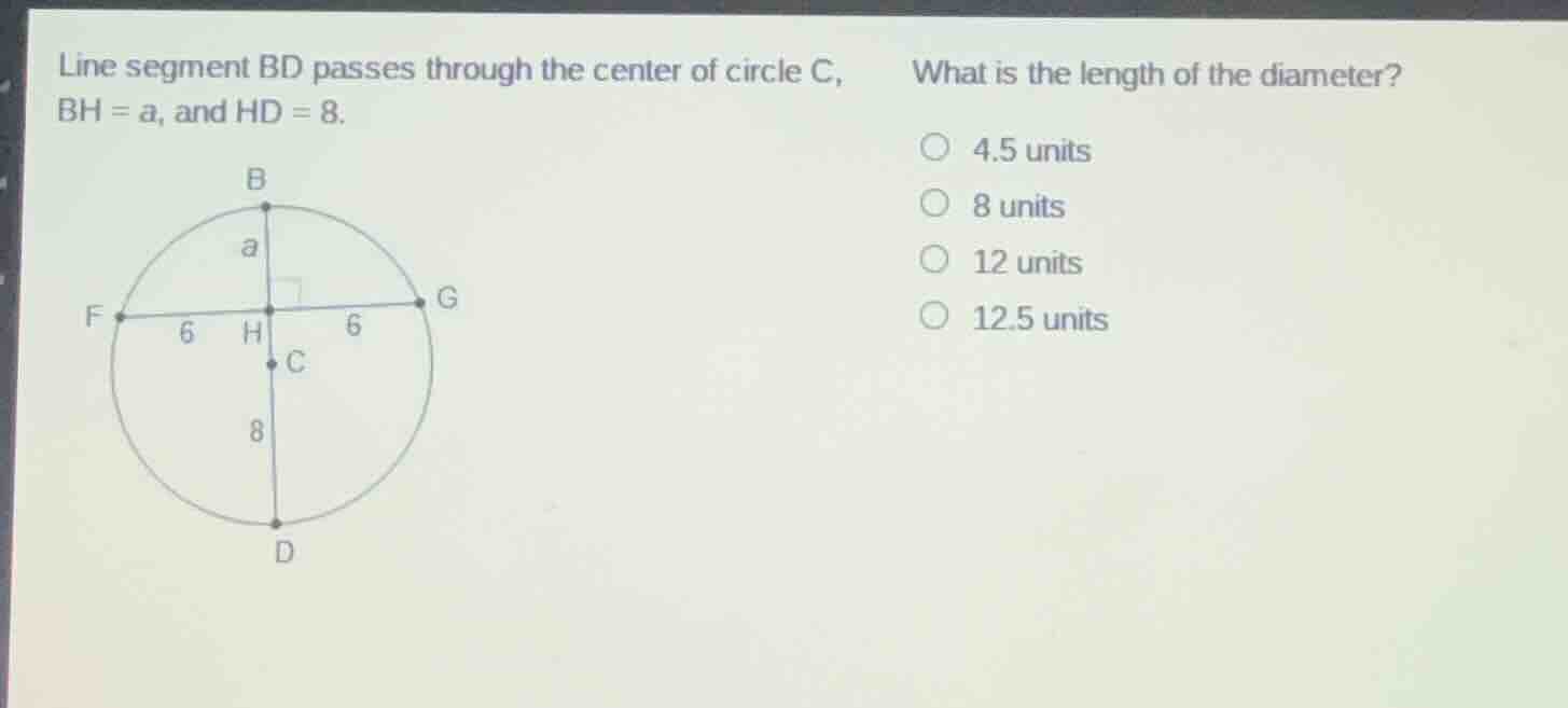 line segment bd passes through the center of circle c, bh = a, and hd =…
