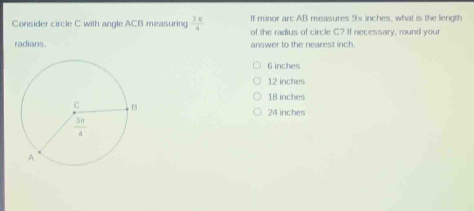 consider circle c with angle acb measuring $\frac{3pi}{4}$ radians. if …
