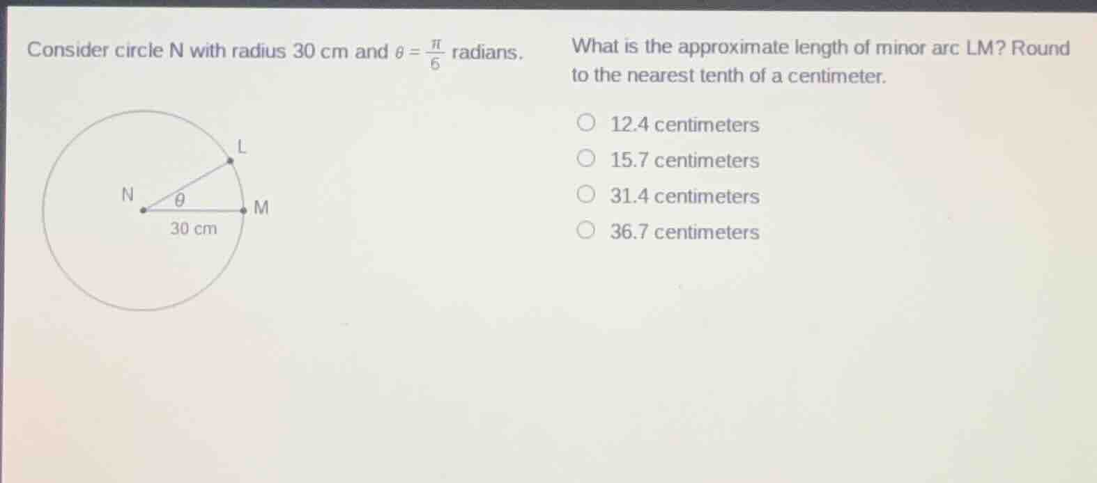 consider circle n with radius 30 cm and $\theta = \frac{pi}{6}$ radians…