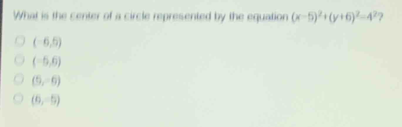 what is the center of a circle represented by the equation $(x-5)^2+(y+…