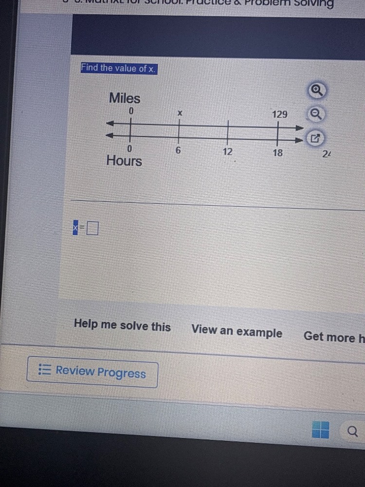 find the value of x. miles 0 x 129 hours 0 6 12 18 x=□ help me solve th…