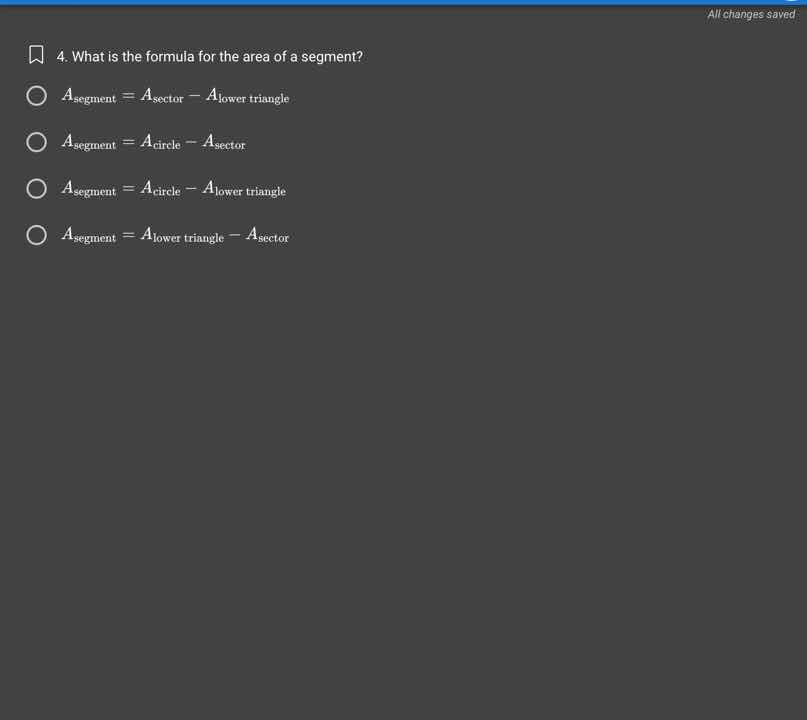 4. what is the formula for the area of a segment? $a_{segment}=a_{secto…