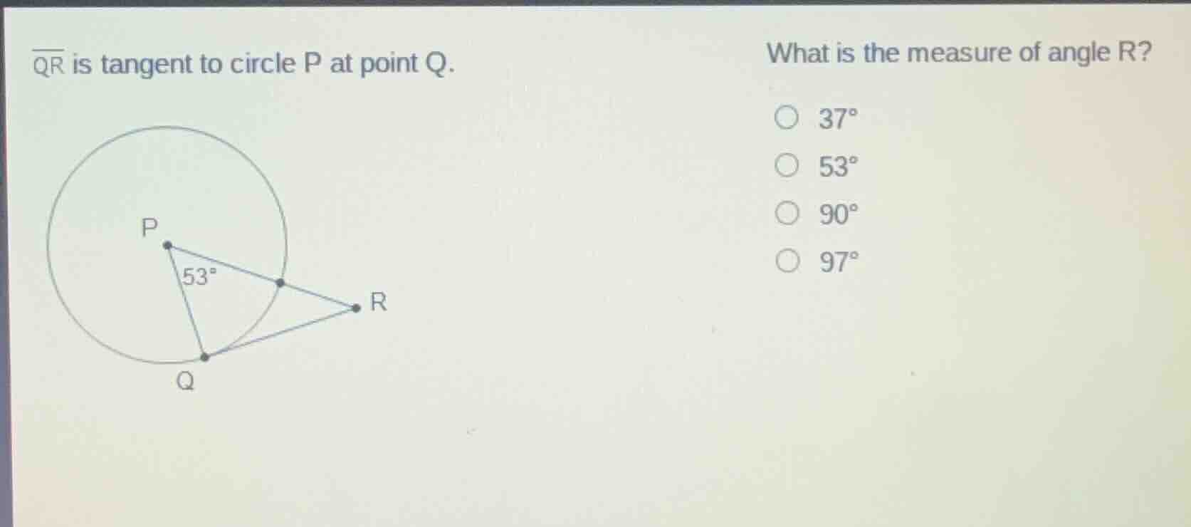 $\\overline{qr}$ is tangent to circle p at point q. what is the measure…