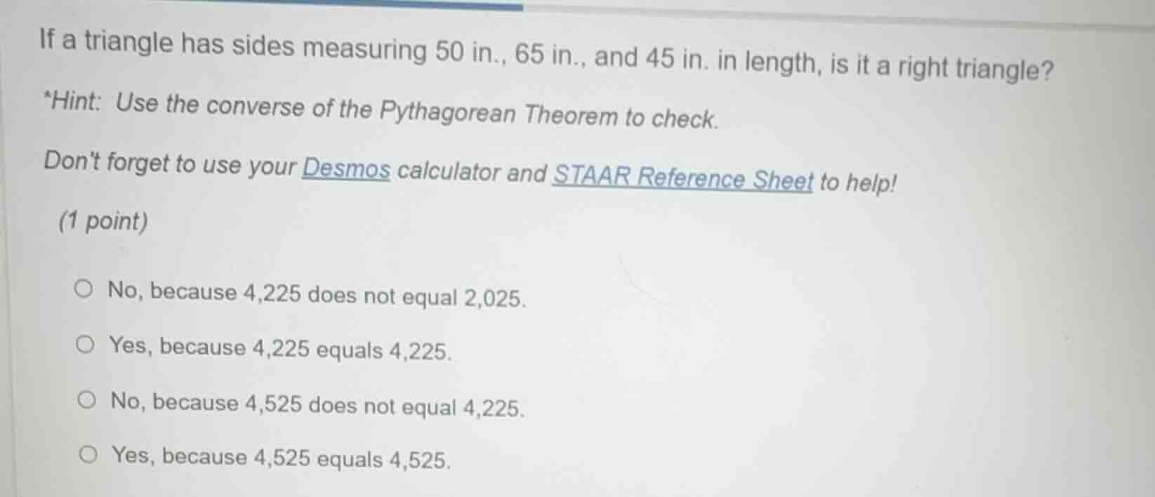 if a triangle has sides measuring 50 in., 65 in., and 45 in. in length,…