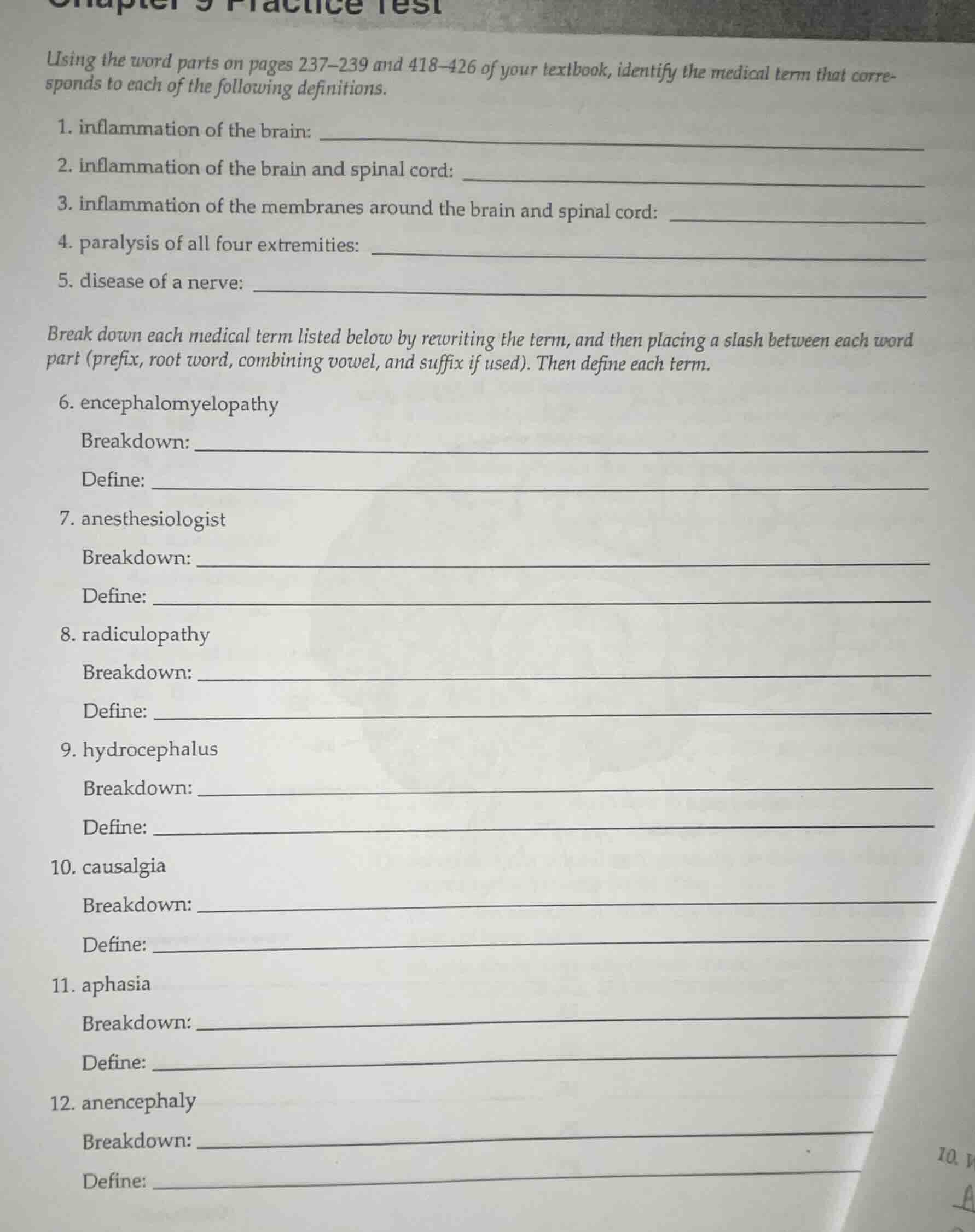 chapter 9 practice test using the word parts on pages 237-239 and 418-4…