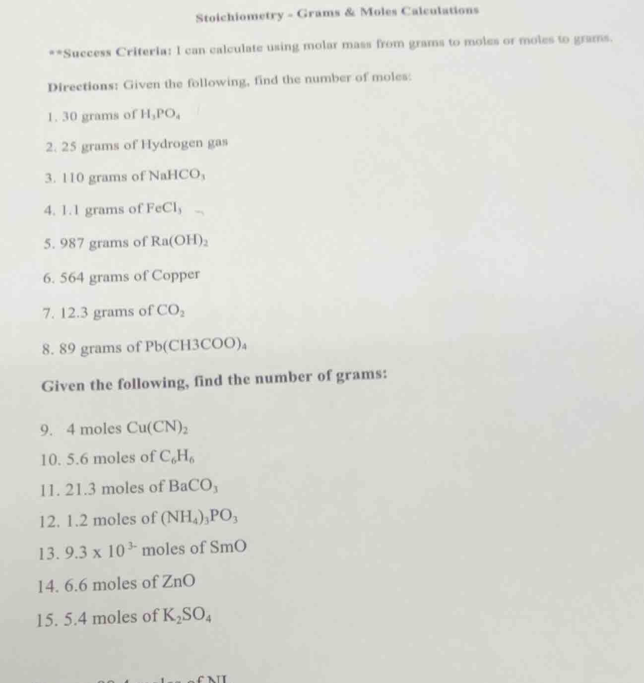 stoichiometry - grams & moles calculations **success criteria: i can ca…