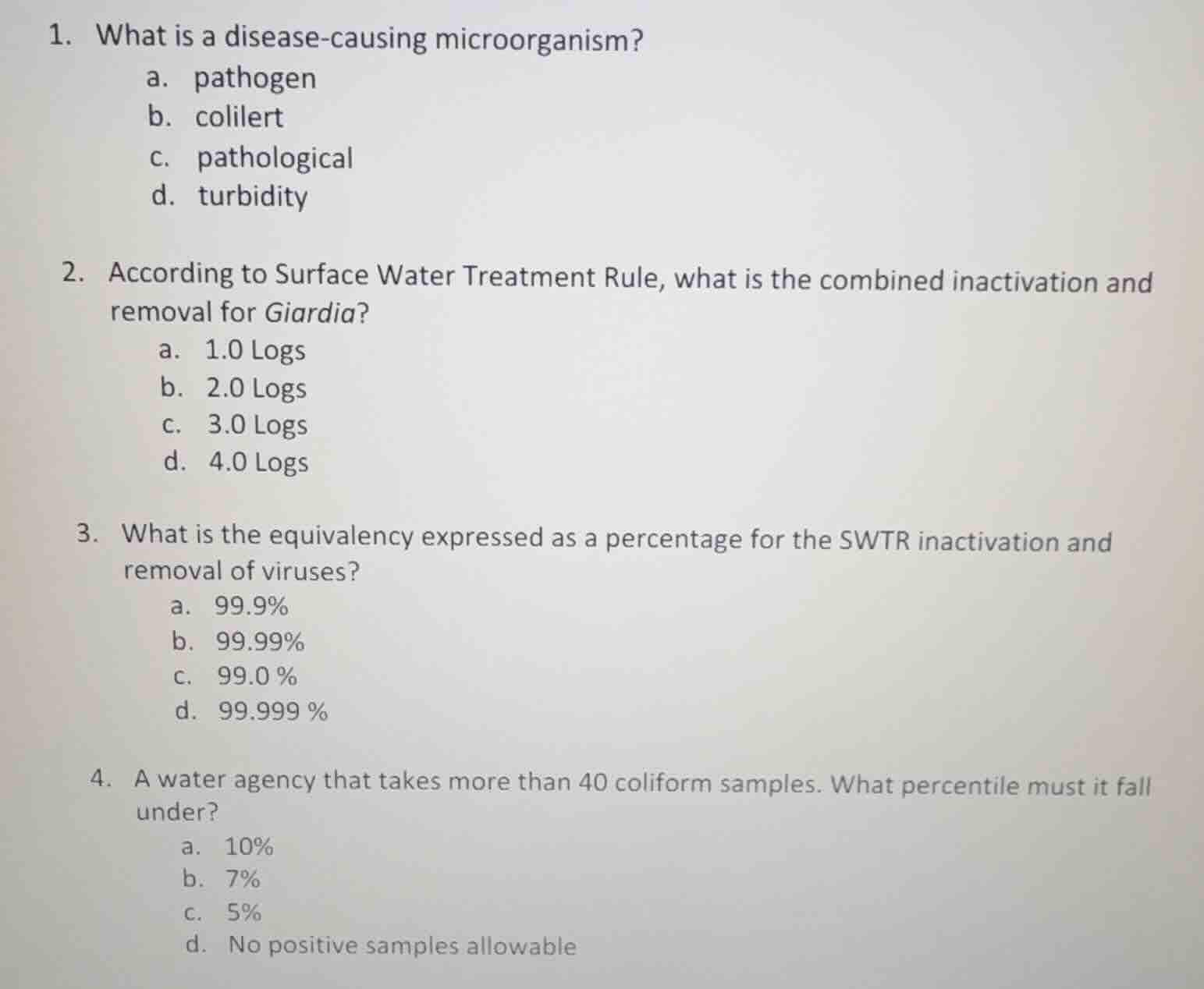 1. what is a disease-causing microorganism? a. pathogen b. colilert c. …