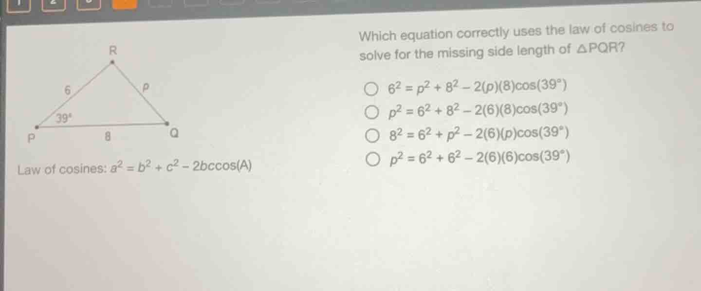 which equation correctly uses the law of cosines to solve for the missi…