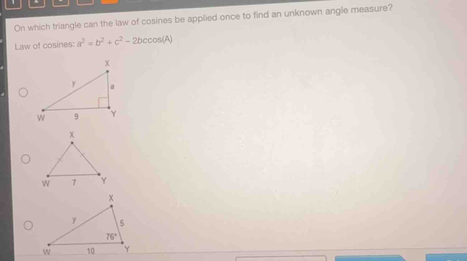 on which triangle can the law of cosines be applied once to find an unk…
