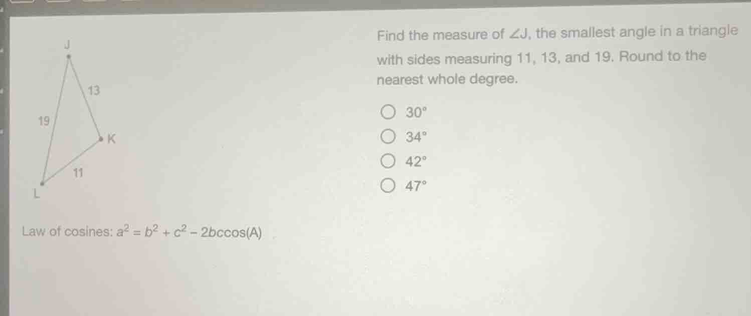 find the measure of $angle j$, the smallest angle in a triangle with si…
