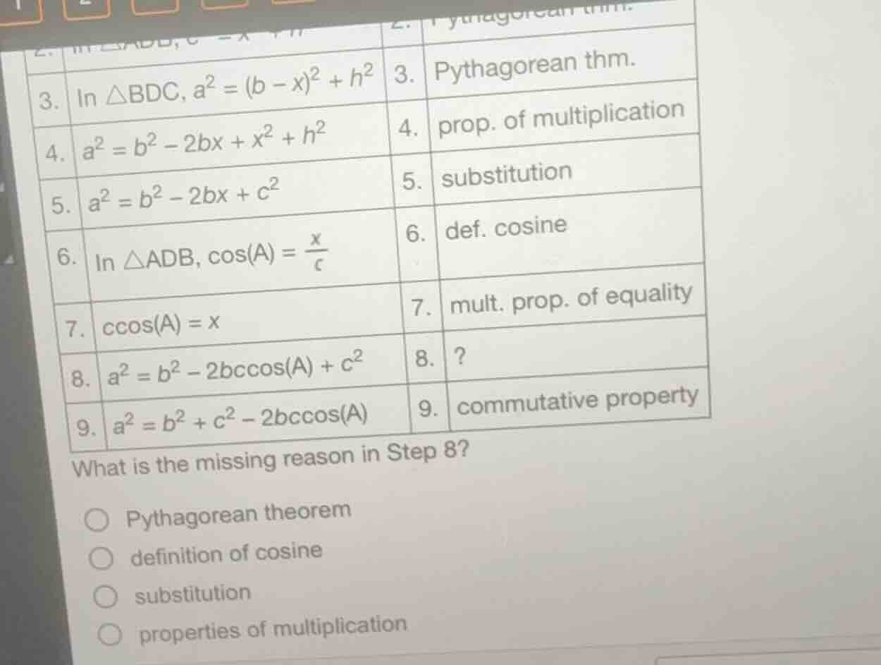3. in $\\triangle bdc, a^{2}=(b - x)^{2}+h^{2}$ 3. pythagorean thm. 4. …