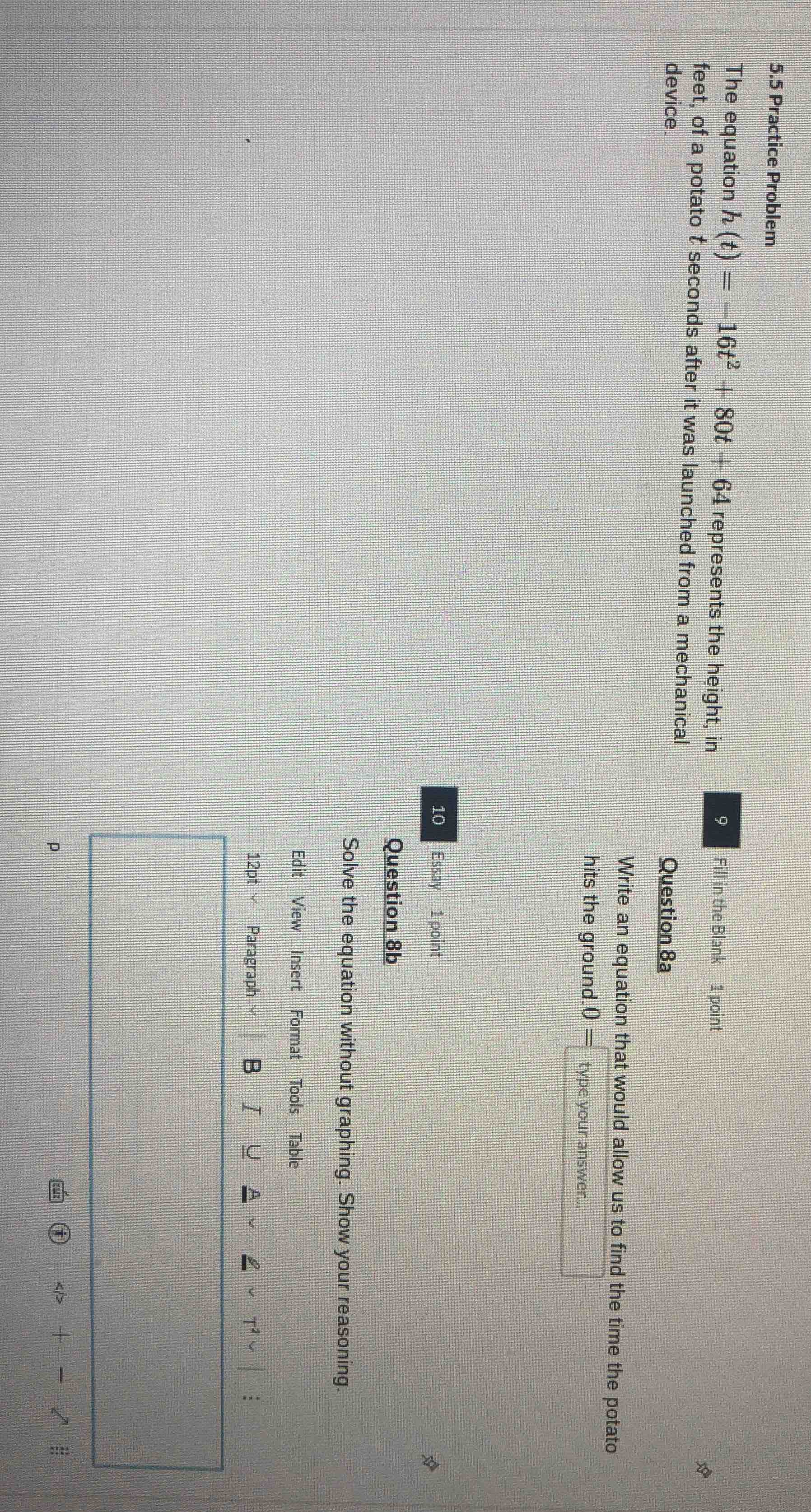 5.5 practice problem the equation $h(t) = -16t^2 + 80t + 64$ represents…