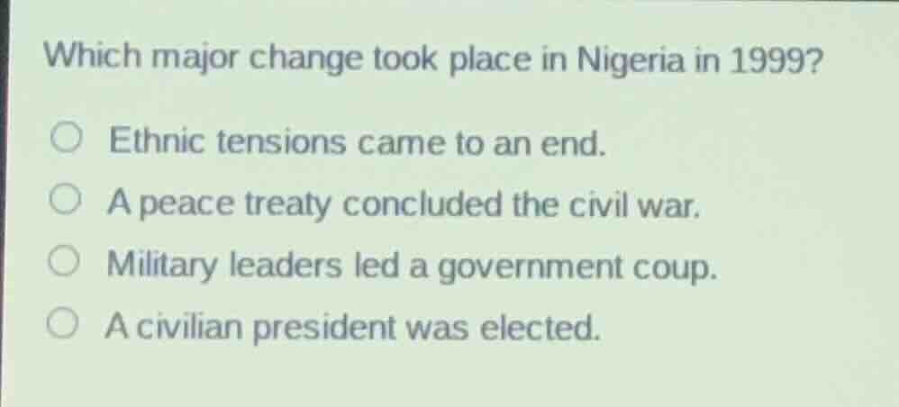 which major change took place in nigeria in 1999?○ ethnic tensions came…