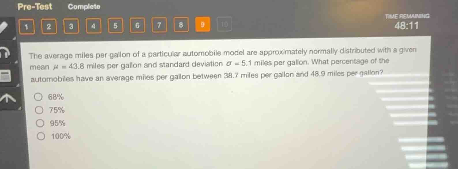 pre-test complete time remaining 48:11 the average miles per gallon of …