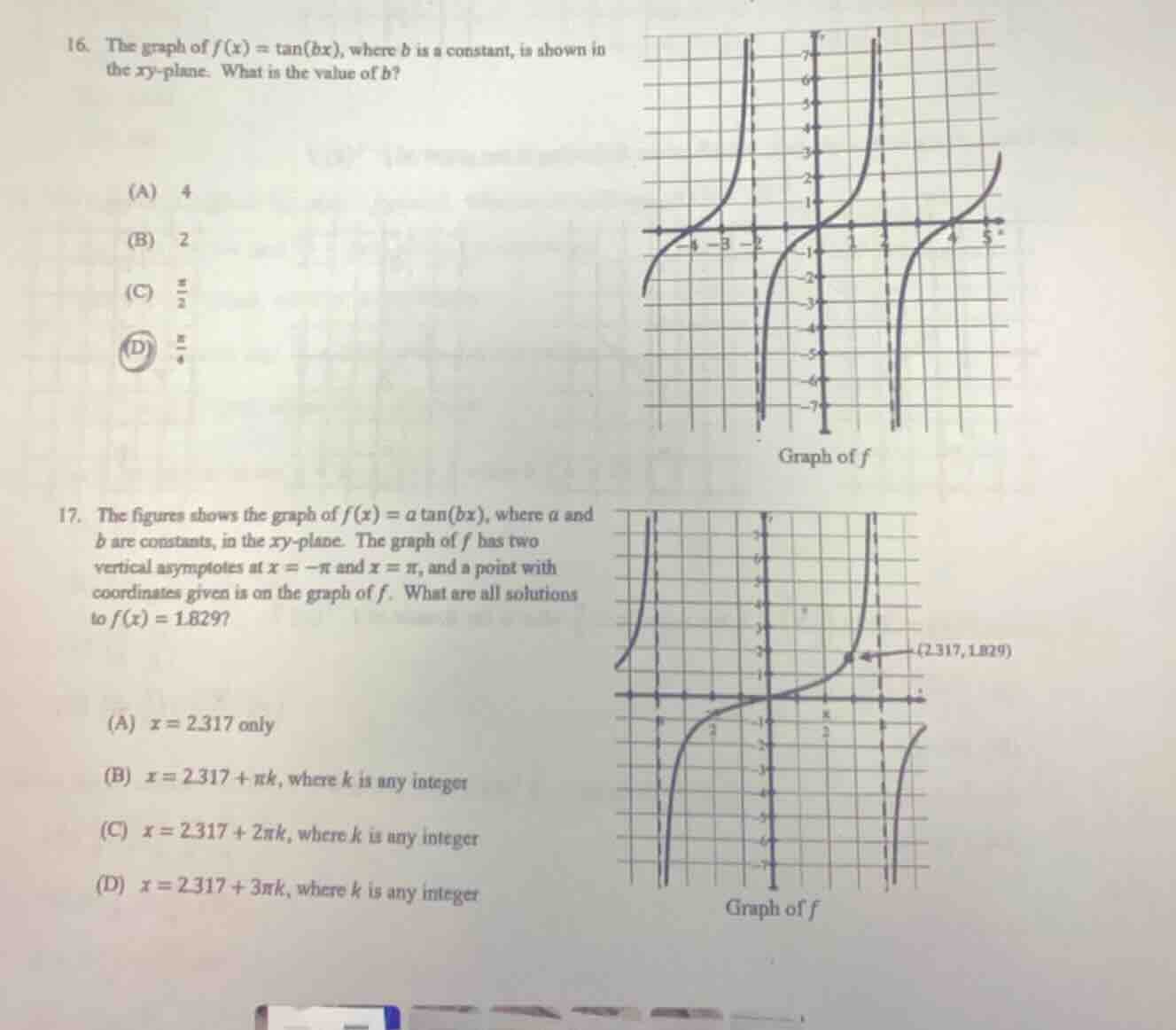 16. the graph of $f(x)=\\tan(bx)$, where $b$ is a constant, is shown in…