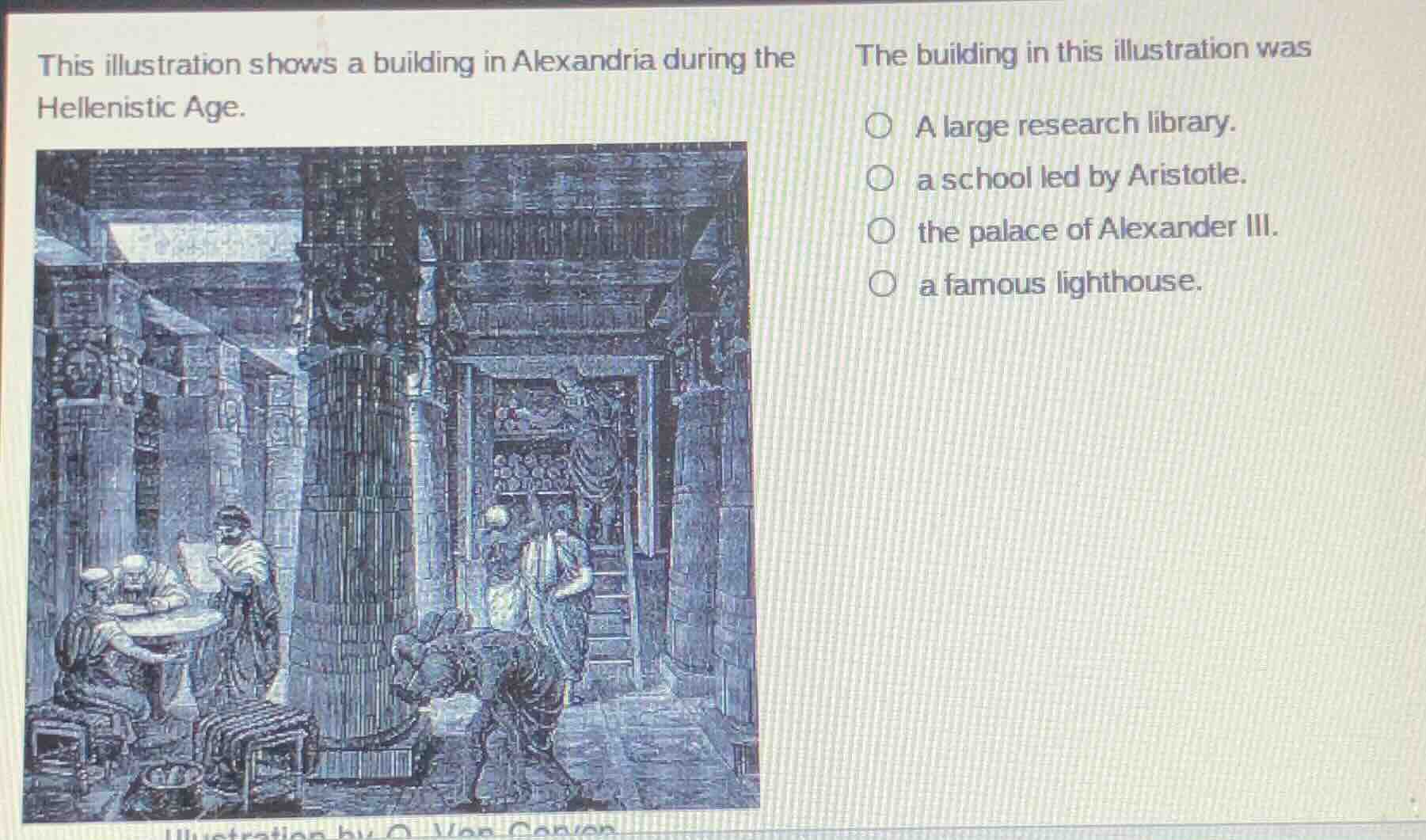 this illustration shows a building in alexandria during the hellenistic…