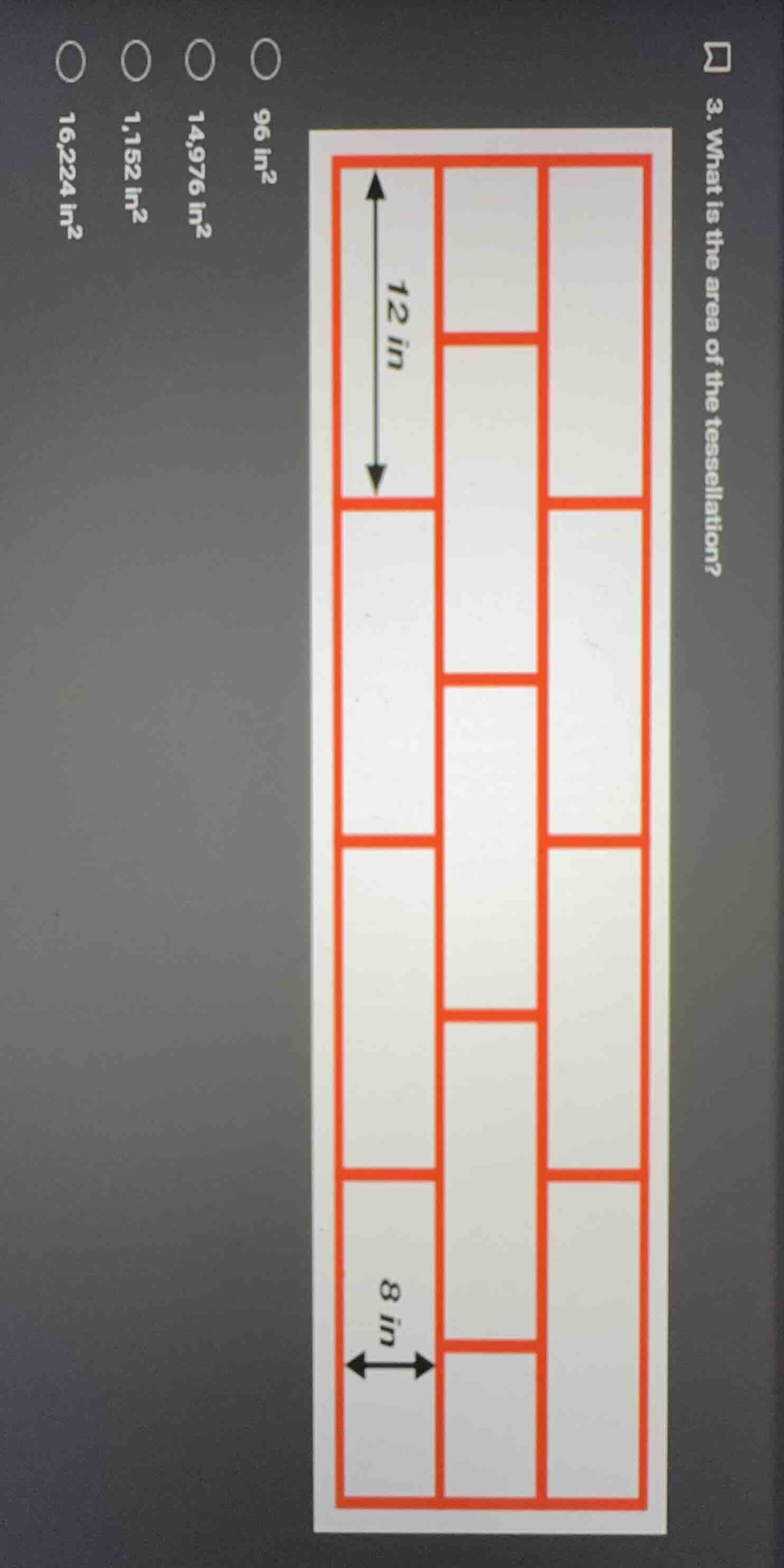 3. what is the area of the tessellation? $96\\ \\text{in}^2$ $14,976\\ …