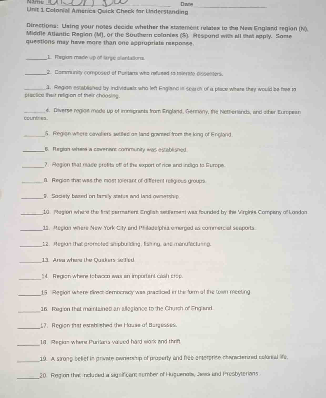 name dateunit 1 colonial america quick check for understandingdirection…