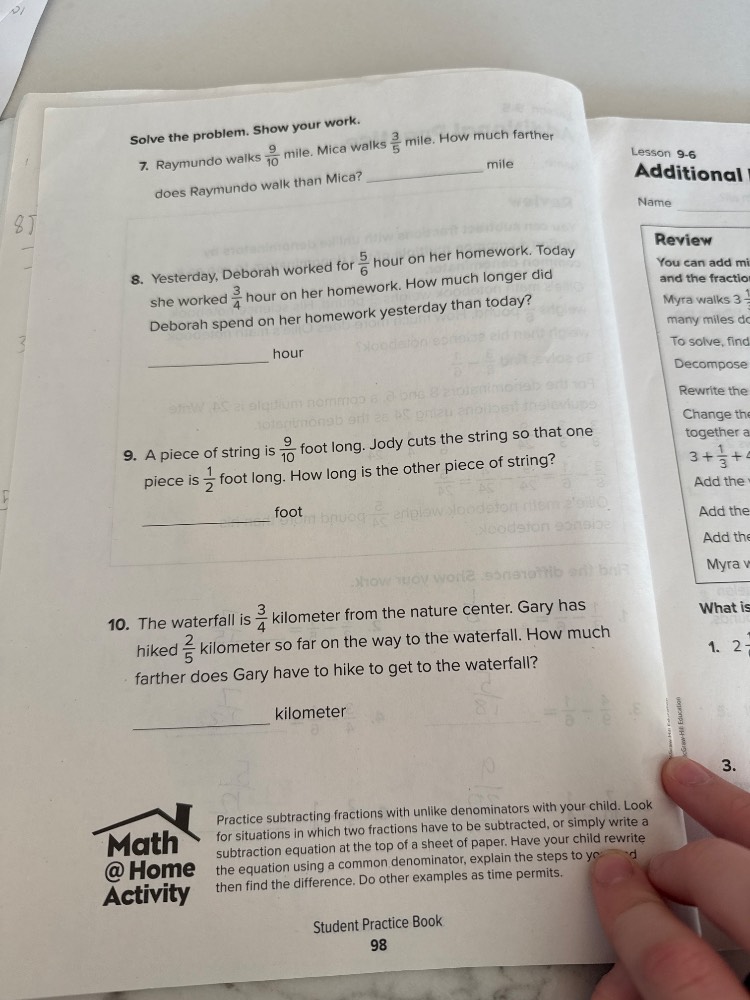 solve the problem. show your work. 7. raymundo walks $\frac{9}{10}$ mil…