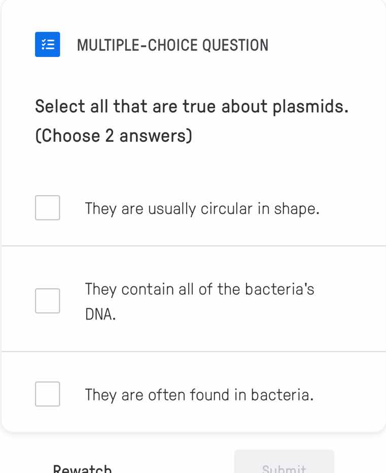 multiple-choice question select all that are true about plasmids. (choo…