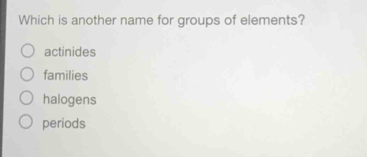 which is another name for groups of elements?○ actinides○ families○ hal…