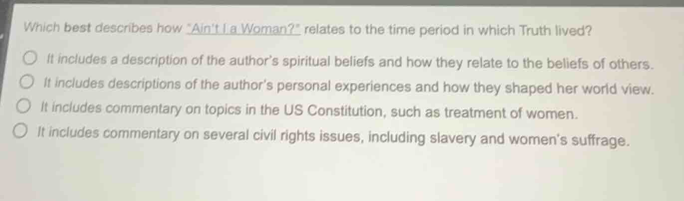 which best describes how \aint i a woman?\ relates to the time period i…