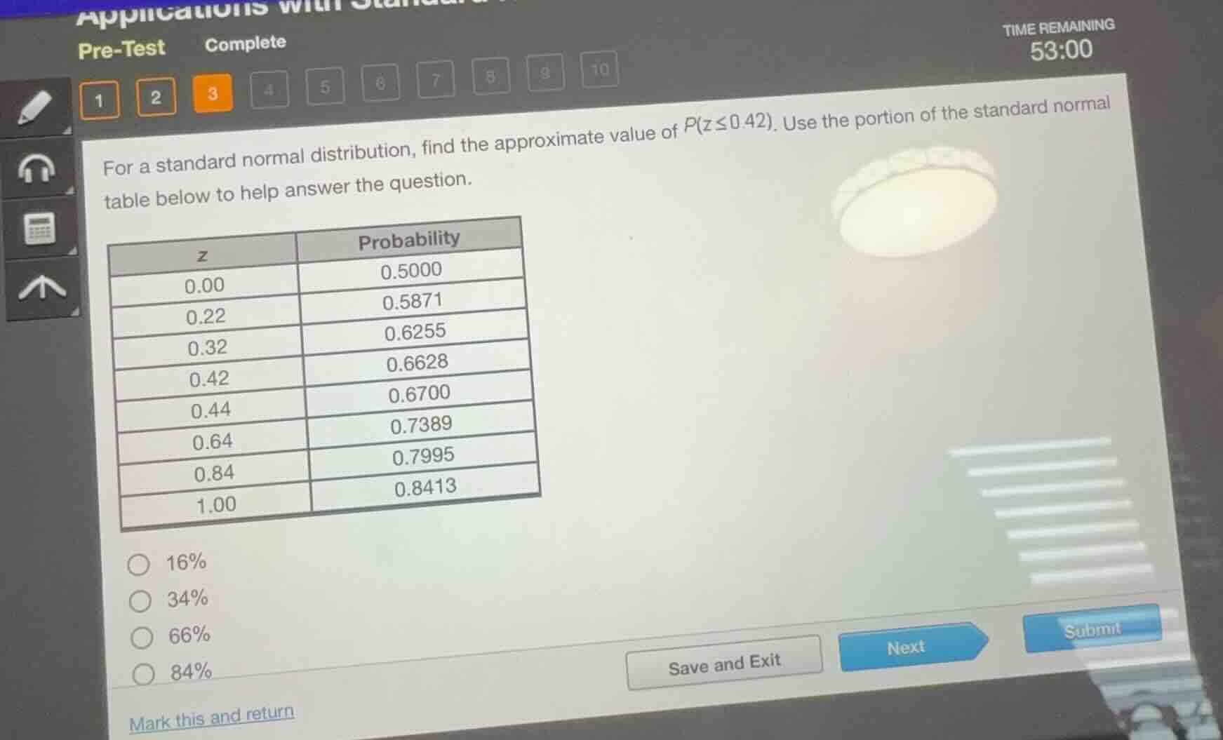 pre-test complete time remaining 53:00 for a standard normal distributi…