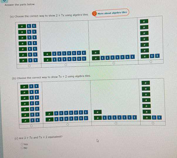 answer the parts below (a) choose the correct way to show $2 + 7x$ usin…