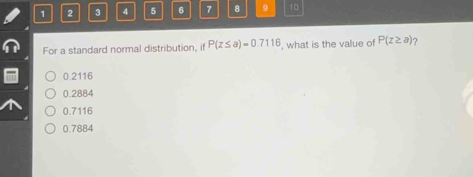 for a standard normal distribution, if $p(z\\leq a)=0.7116$, what is th…