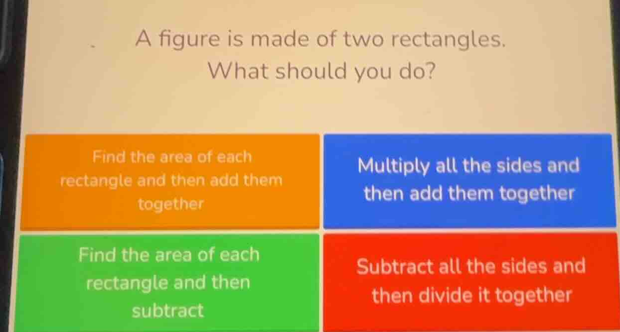 a figure is made of two rectangles. what should you do? find the area o…