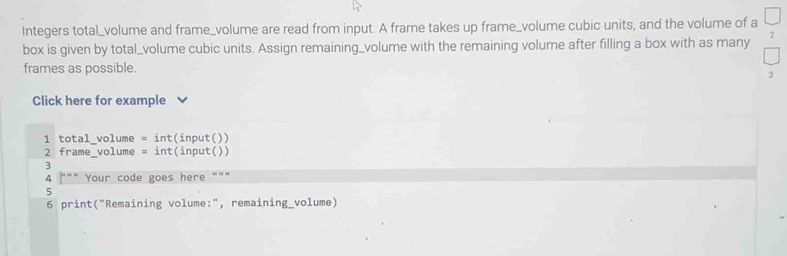 integers total_volume and frame_volume are read from input. a frame tak…