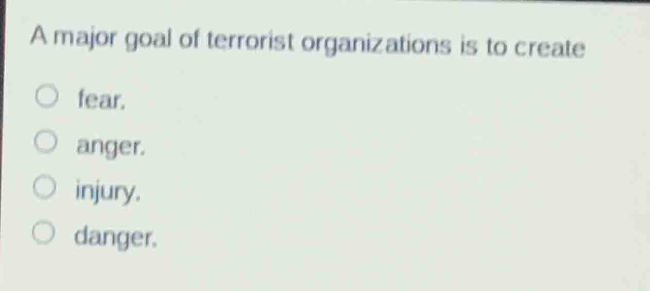 a major goal of terrorist organizations is to create fear. anger. injur…